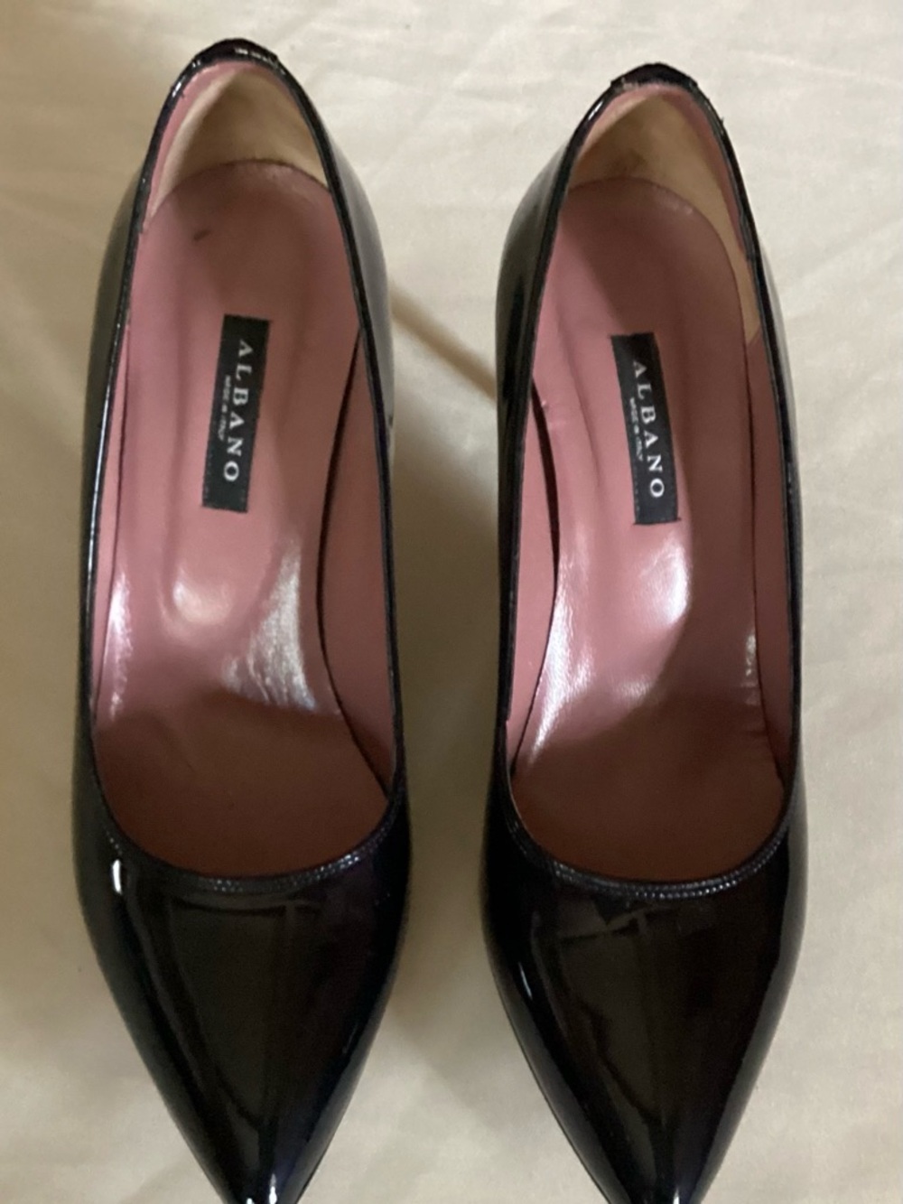 ALBANO Black Patent Pointed-Toe Pumps. Size 37